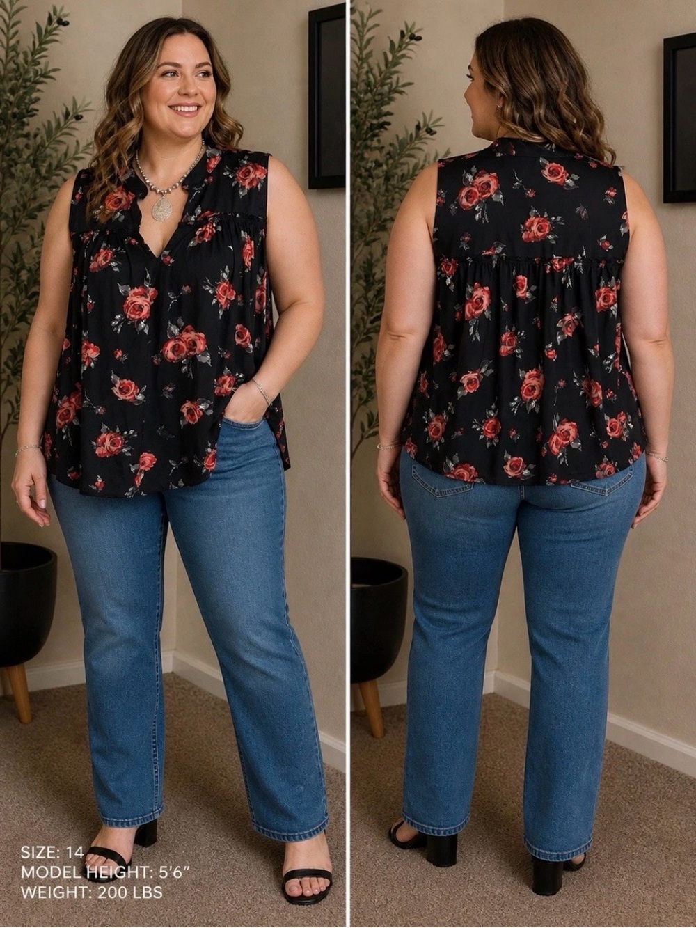 Lane Bryant Black Tunic Top with Red Rose Print Sleeveless